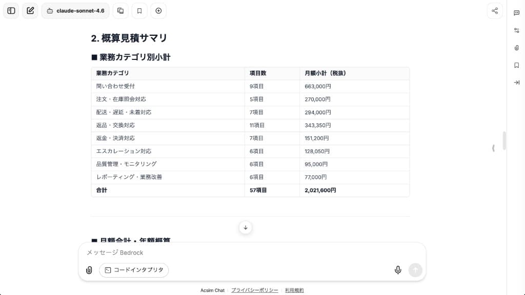 Acsim Chatから出力された概算見積サマリ ─ 業務カテゴリ別小計と月額合計