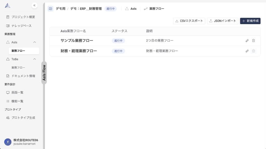 AsIs業務フロー一覧 — 作成済みの業務フローを開き、抜け漏れ分析の起点にする
