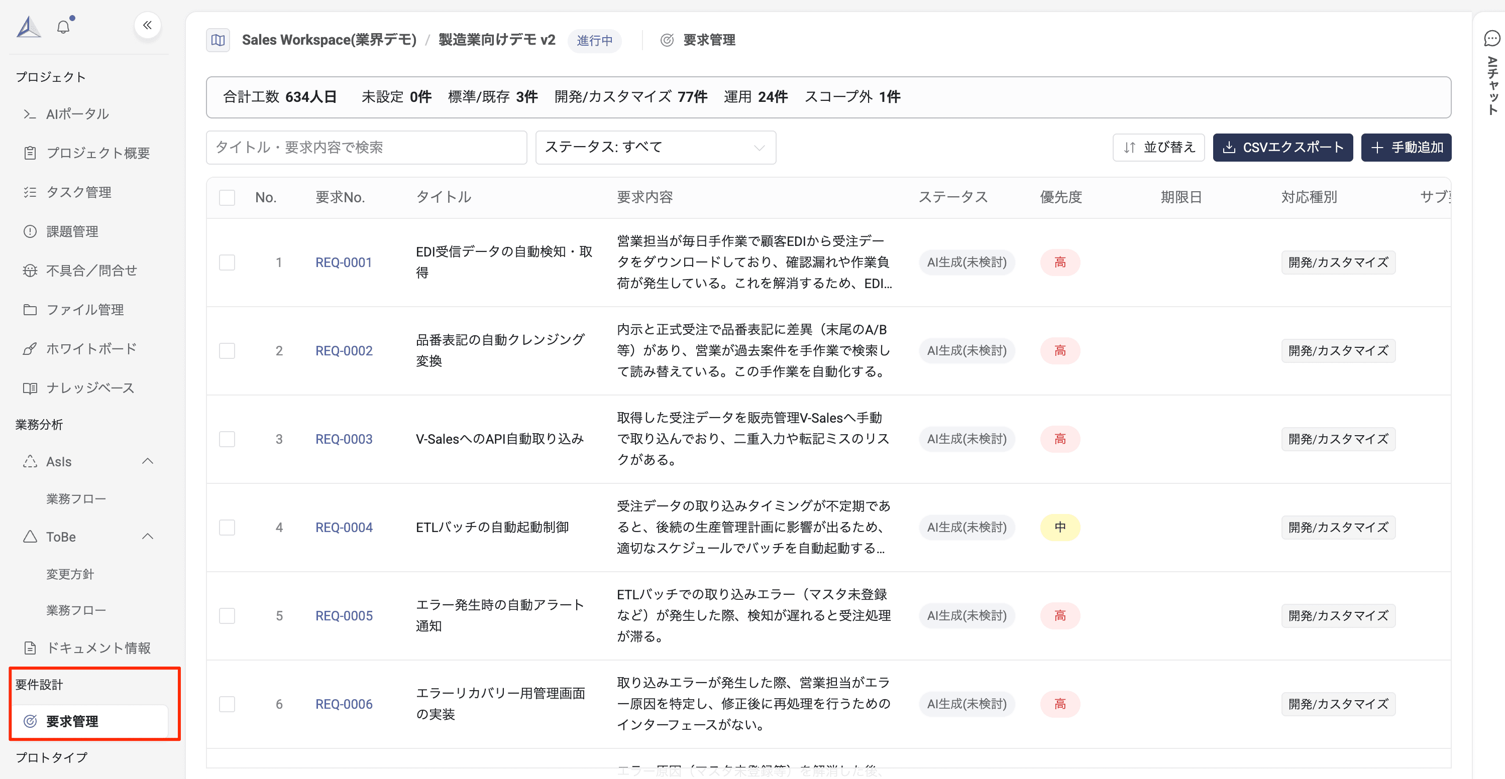 要求管理画面：AIで生成された要求をステータスや優先度とあわせて一覧確認する