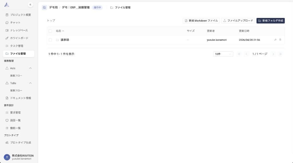 フォルダ作成後のファイル一覧 — 名前・サイズ・更新者・更新日時の各列が表示される