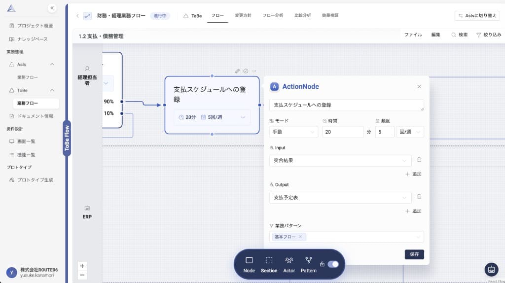 ActionNode編集画面 — モード・Input・Output・業務パターンを設定できる
