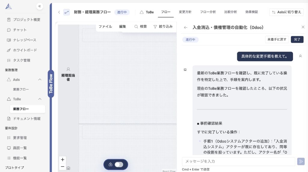 エージェントとのチャット画面 — 変更手順の依頼に対してToBe業務フローの修正提案が返ってきます