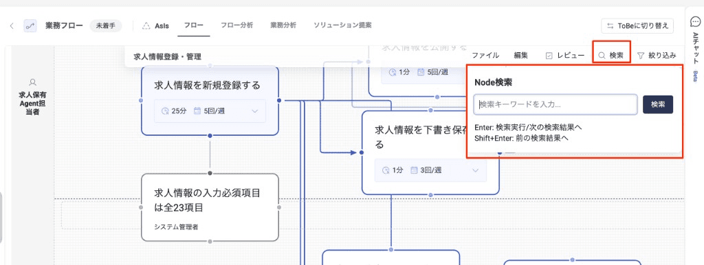 業務フロー編集画面で検索メニューを開いた状態。Node検索パネルからキーワードでノードを検索できる